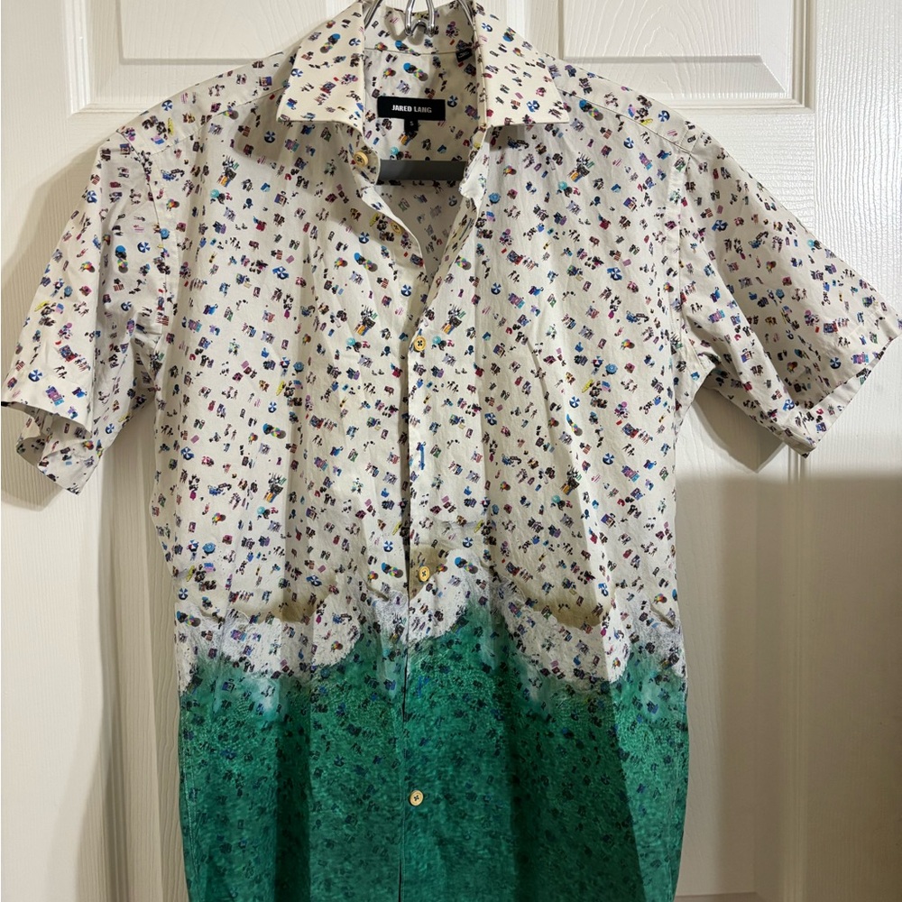 Jared Lang Casual White and Green Floral Button Down Shirt